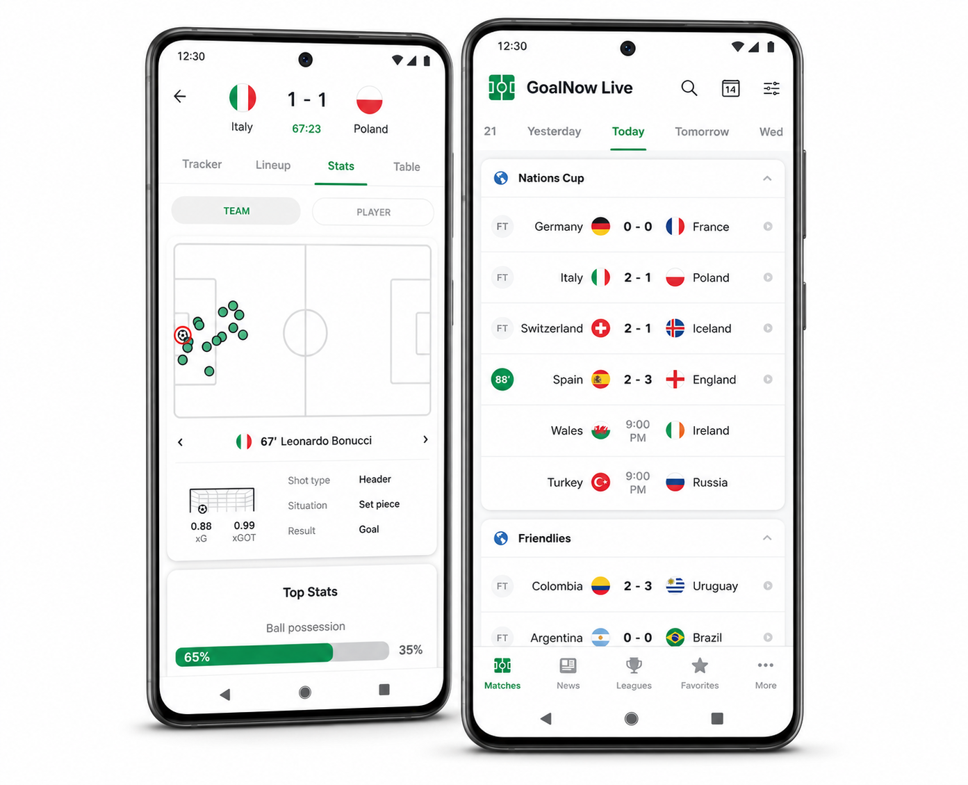GoalNow Live match scores and statistics screens