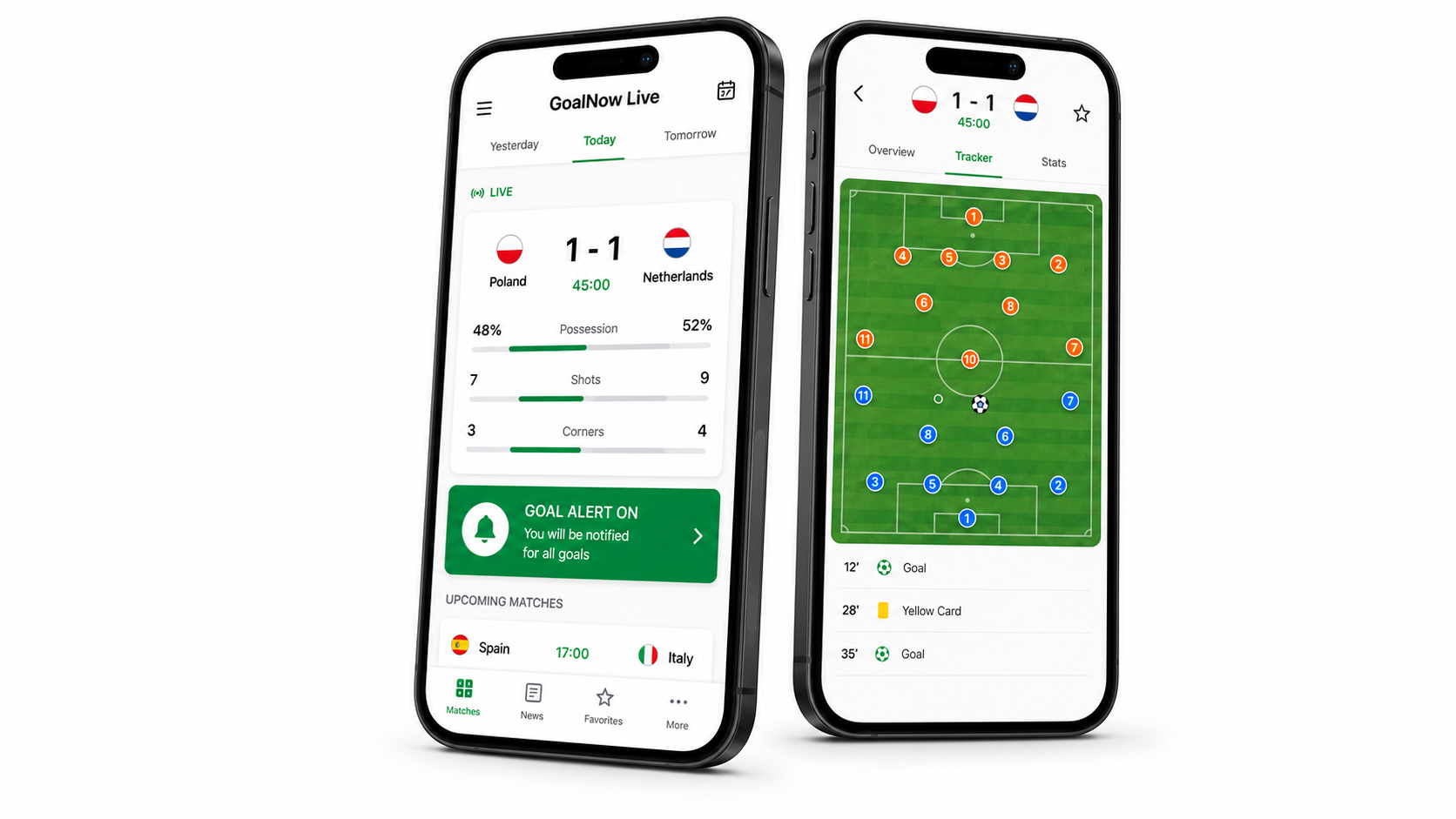 Two GoalNow Live phone screens showing live score and match tracker